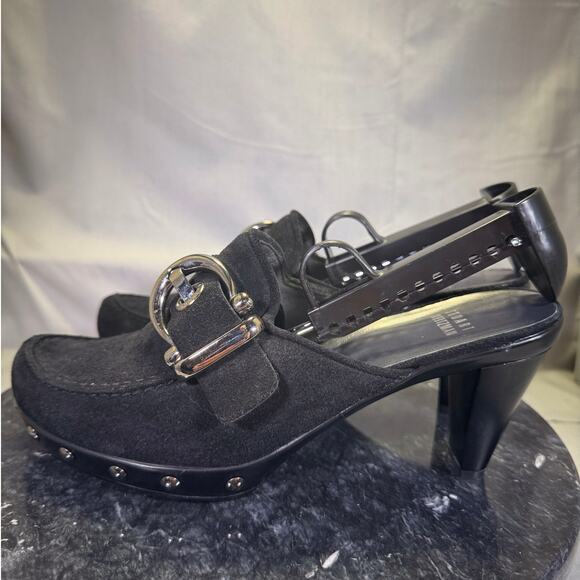 Stuart Weitzman Black Suede Heels Studded Mules W/ Silver Buckle 6.5M US - Picture 1 of 8